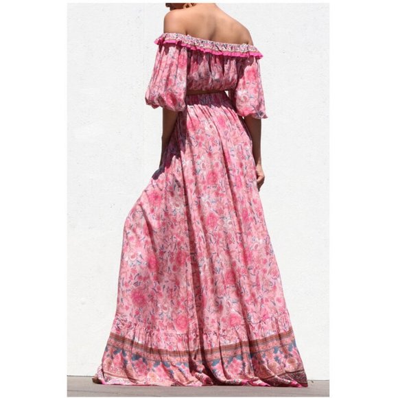 Boho Gypsy Peasant Off Shoulder Ruffle Crop Top Flared Maxi Skirt 2 Piece Set - Picture 4 of 7